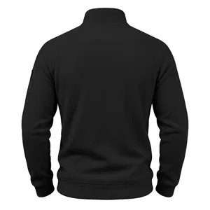 Back detail view of mens black polar fleece jacket showing sleeve zipper pocket texture.