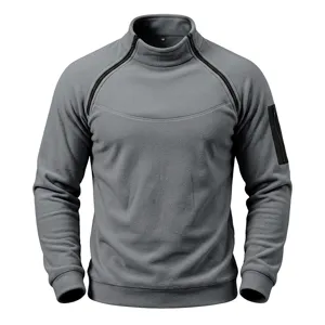 Men's fleece stand collar sweatshirt diagonal zipper sleeve pocket grey casual winter top