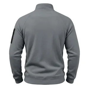 Back detail of men grey fleece stand collar sweatshirt with zipper arm pocket and long sleeve