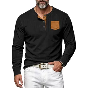 Camisa henley de manga larga para hombre con bolsillo de contraste y botonera de punto acanalado