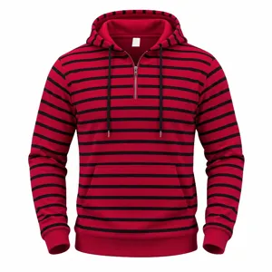 Herren Halb-Reißverschluss rot schwarz gestreifter Kapuzenpullover mit Kängurutasche.