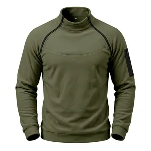 Men's tactical fleece sweatshirt detail featuring diagonal zip collar and sleeve pocket.