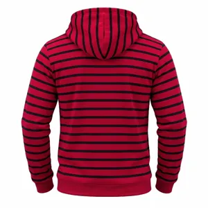 Detailansicht der Rückseite eines rot-schwarz gestreiften Kapuzensweatshirts mit Kapuze.