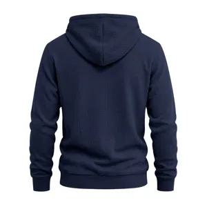 Men's navy blue waffle knit hoodie pullover with hood, comfortable long sleeve casual top.