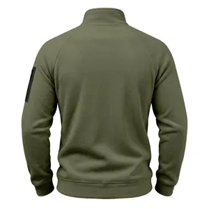 Men's fleece stand collar sweatshirt jacket with sleeve zipper pocket in army green.