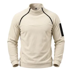 Men's fleece pullover sweatshirt, high collar diagonal zipper long sleeve top beige