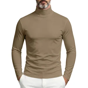 Men's casual slim fit turtleneck long sleeve t-shirt, comfortable basic tee for autumn winter.