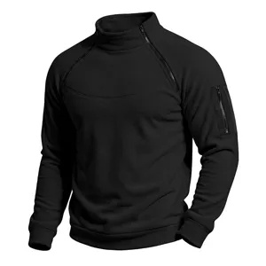 Men's black fleece mock neck sweatshirt with diagonal zippers and a zip sleeve pocket.