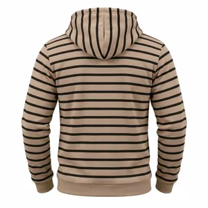 Rückansicht eines gestreiften Hoodies mit detaillierten langen Ärmeln und Rippbündchen.