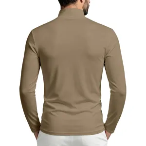 Men's slim fit mock neck long sleeve t shirt in khaki. Back view of casual basic base layer top.