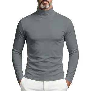Detail view of men's grey turtleneck slim long sleeve t-shirt, soft fabric inner layer.