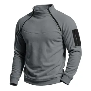 Men's fleece mock neck sweatshirt with diagonal zipper and sleeve pocket grey.