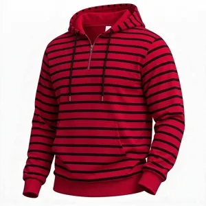 Herren rot-schwarzer gestreifter Viertel-Reißverschluss Hoodie Detail, Fleece.