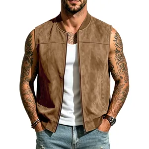 Herren braune Wildleder Weste ärmellose Jacke Baseballkragen lässige Sommer Streetwear Top