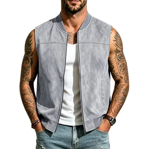 Herren Wildleder ärmellose Weste Detail, stylischer Baseballkragen, lässige Outdoor-Bekleidung.