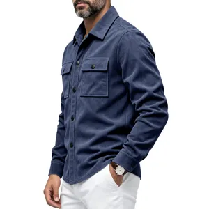 Chemise veste homme en suédine bleue manches longues à double poches poitrine et boutons