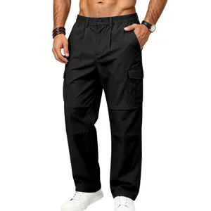 Detail view of men's black straight cargo pants with utility side pockets and pleated design.