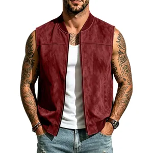 Herren Wildleder Weste ärmellos Reißverschluss Baseballkragen rot Sommer Streetwear Mode Top