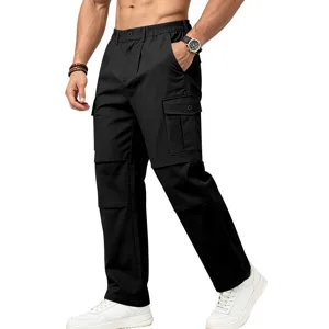 Men's black straight cargo pants detail showing multi pockets and loose fit style design.