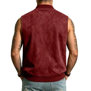 Herren Vintage Kunstwildleder ärmellose Weste Baseball Kragen Jacke Detailansicht.