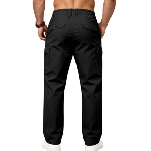 Men's black straight cargo pants detail, back view showing multi-pockets and casual fit.