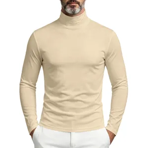 Men's solid beige turtleneck long sleeve slim fit base shirt close-up view showing fabric texture.