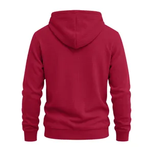 Wine red waffle knit hoodie back detail, casual long sleeve hooded sweatshirt texture view.