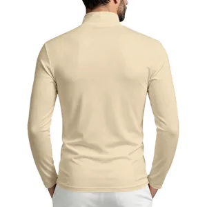Men's solid color mock neck long sleeve t-shirt slim fit casual top detail view.