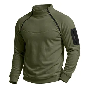 Men's fleece mock neck sweatshirt with diagonal zipper and sleeve pocket casual outdoor top.