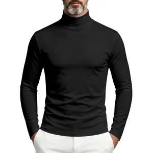 Men slim black turtleneck long sleeve t-shirt soft fabric collar detail close view