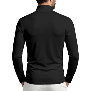 Back view of black mock neck long sleeve slim fit base layer t-shirt, fine texture fabric.