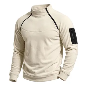 Men's fleece stand-collar sweatshirt detail showing diagonal zips and sleeve zipper pocket.