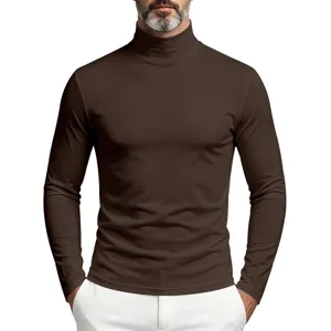 Men's solid brown turtleneck long sleeve slim fit base layer t-shirt detail view showcase.