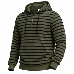Herren Halb-Zip gestreifter Kapuzenpullover mit Kängurutasche, lässiger Herbst Winter Pullover.