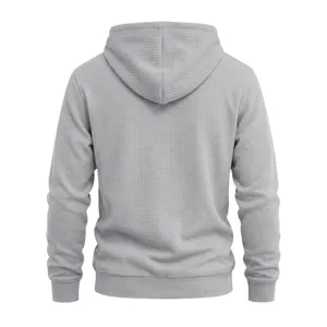 Men's grey waffle knit hoodie with a hood, comfortable casual long sleeve sweatshirt.