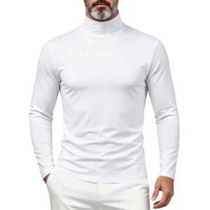 Men's white turtleneck long sleeve t-shirt, slim fit basic top for autumn winter style.