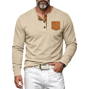 Camisa Henley Manga Larga Corduroy Hombre Bolsillo Contraste Casual Moda Top Urbano