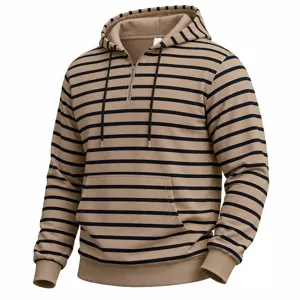 Herren Herbst Winter gestreifter Hoodie mit halbem Reißverschluss und Kängurutasche
