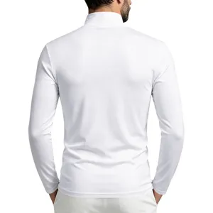 Back view detail of men's solid white mock neck long sleeve shirt showing slim fit style.