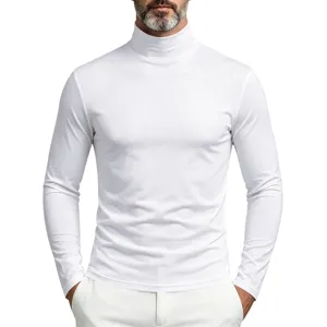 Men's solid white mock turtleneck long sleeve t-shirt close-up view showing slim fit.