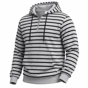 Herren Halb-Zip gestreifter Kapuzenpullover Strick lässiger Pullover mit Kängurutasche.