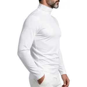 Men's white turtleneck long sleeve t-shirt, casual slim fit solid color thermal base layer.