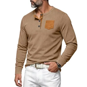 Camisa Henley de Manga Larga para Hombre Canelé con Bolsillo de Contraste Moda Top