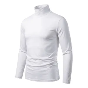 Men's white turtleneck long sleeve slim fit base layer t-shirt, soft fabric apparel detail view.