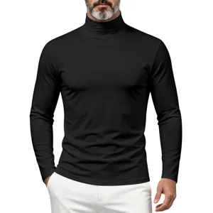 Men's black mock turtleneck long sleeve t-shirt slim fit casual solid color base layer top.