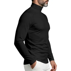 Black mock turtleneck long sleeve shirt detail view, slim fit mens undershirt close up shot