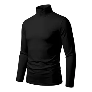 Men's black long-sleeve turtleneck t-shirt detail view, slim fit casual daily basic top.
