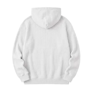 Men's white waffle knit hoodie casual long sleeve hooded sweatshirt detail view style