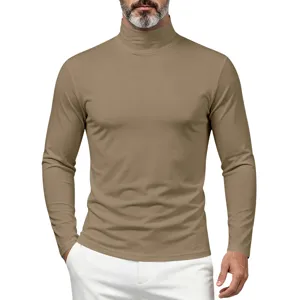 Detailed view of men's khaki mock turtleneck long sleeve slim fit t-shirt basic top.