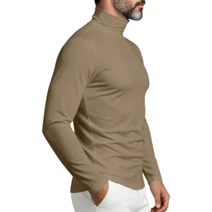 Detail view of men's khaki mock neck long sleeve slim fit t-shirt, soft fabric.
